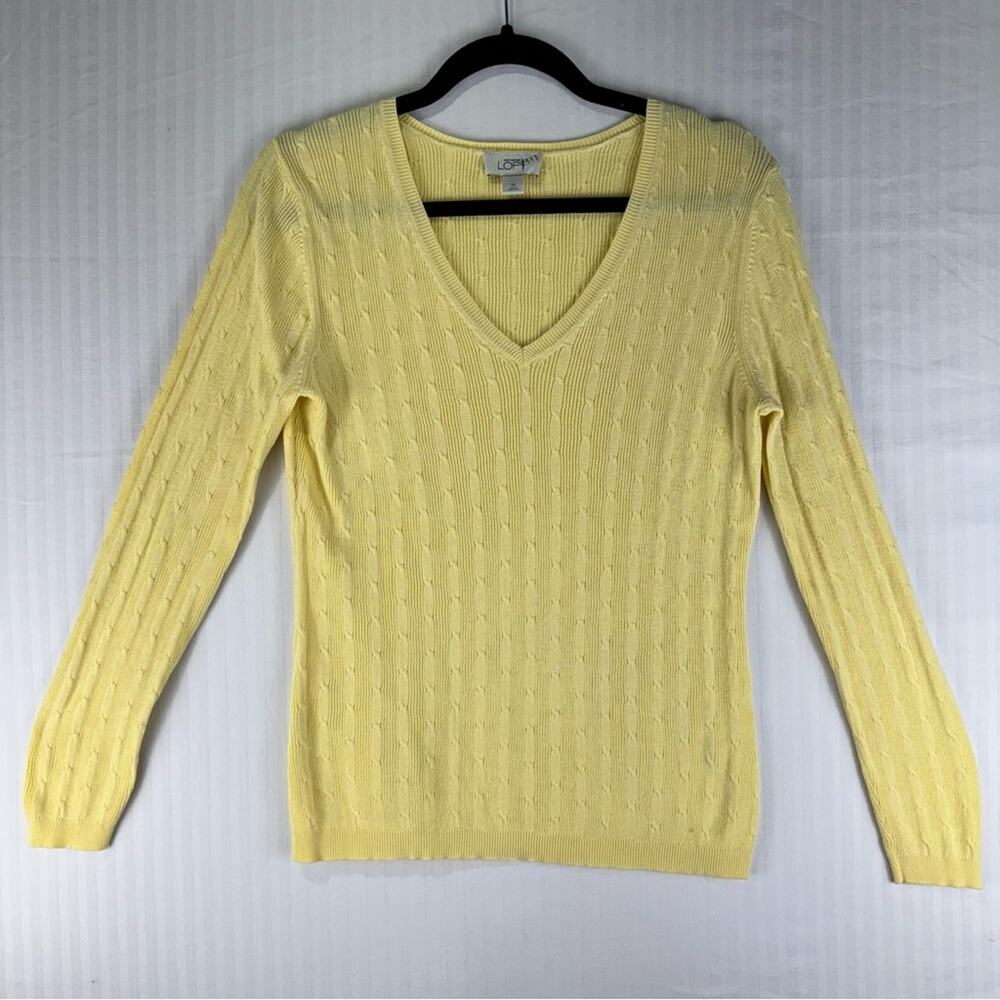 Ann Taylor Loft Butter Yellow V-Neck Cotton Cable Knit Sweater Size Medium